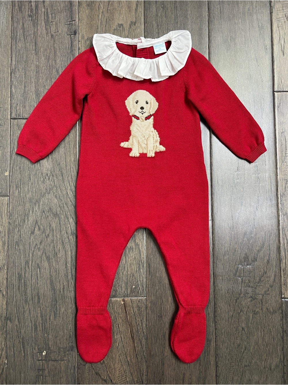 Edgehill Collection Red Knit Golden Retriever Ruffle Collar Footie 6M